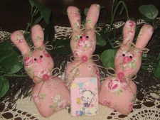 Cottage Decor 3 Rabbit Dolls Bowl Fillers Easter Vintage Look Rose Fabric
