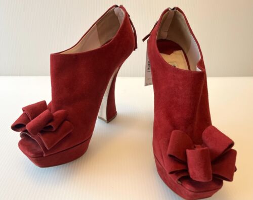 Miu Miu Red Suede Peep Toe Heels w/ Bows, Size 38.5 (IT), 8.5 (US)