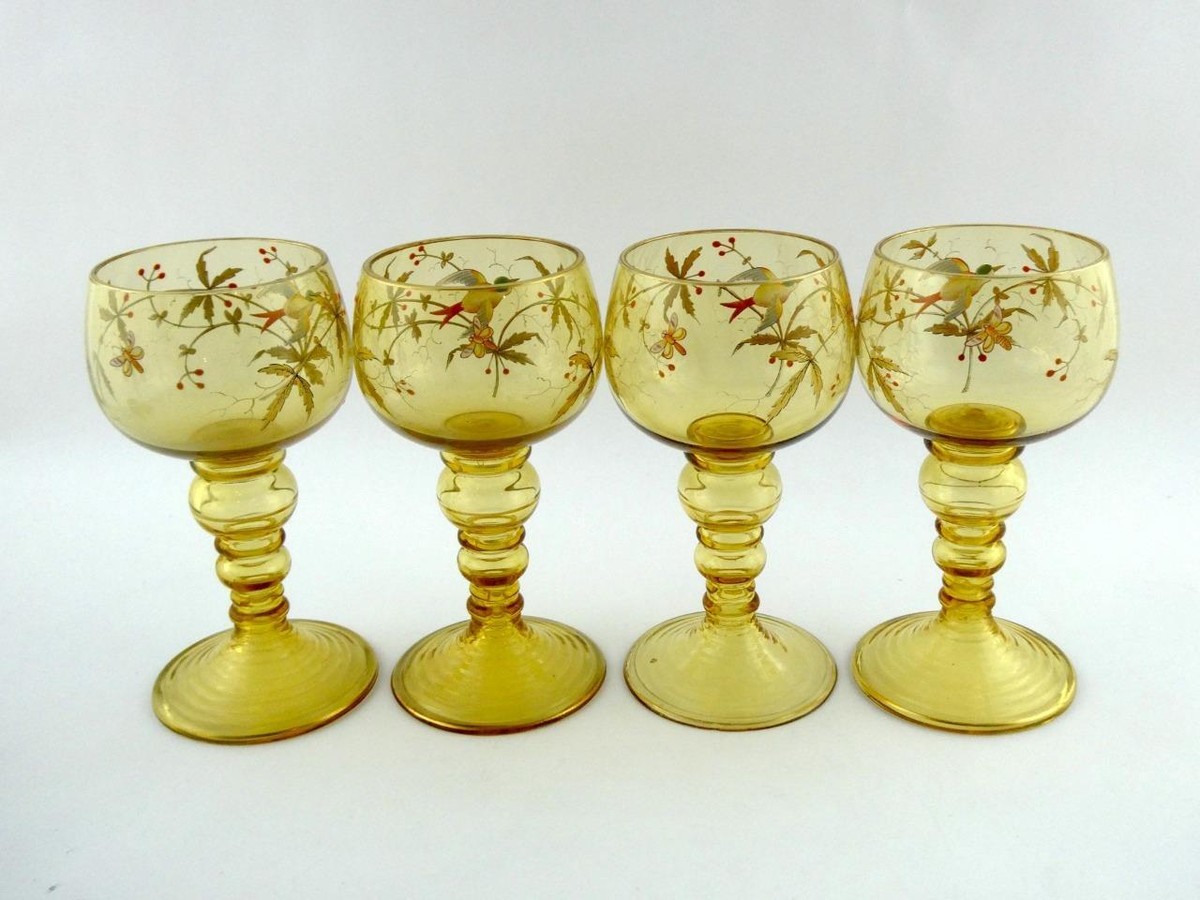 アンティーク　レーマー杯　Fritz Heckert Antique Lot of 4 Fritz Heckert Style Enamel Roemer Hock Amber Wine