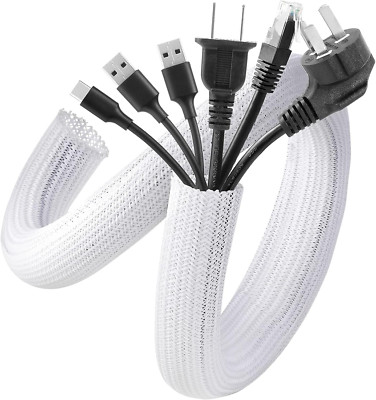 White Cable Sleeve Cover, 2pcs 5'-1.2'' Cord Management Wire Organizer under Desk