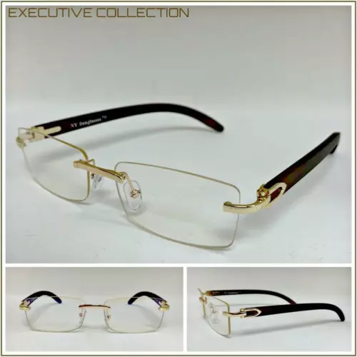 Mens CLASSY SOPHISTICATED ELEGANT Clear Lens EYE GLASSES Rimless Gold Wood Frame