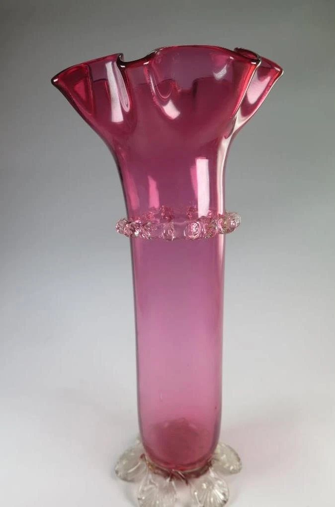 ANTIQUE Fine Cranberry Glass Applied Foot Vase Scalloped Top Finely Fluted Sides