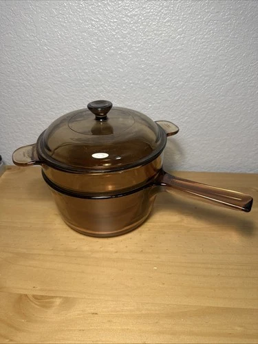 Vintage Corning Pyrex Vision Double Boiler Set Amber V-20-B & V 1.5 C Lid 3 pc