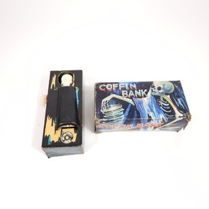 Vtg Skeleton Coffin Bank With Box Windup Toy Tested Made In Hong Kong