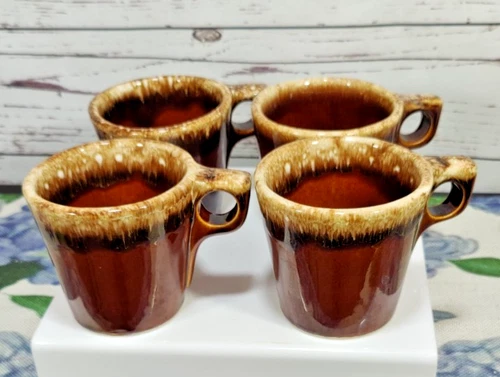 Set of Four Hull Oven Proof Brown Drip Glaze Square Handle Coffee Mugs 3.5" Tall