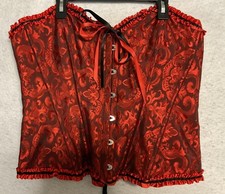 Topmelon Corset Womens 2XL Red Floral Jacquard Ruffle Lace Up Boned Overbust