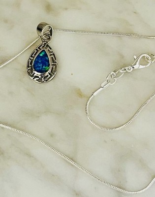 Sterling Silver Lab Opal Greek Pattern Drop Pendant W/18  Necklace, Beautiful  