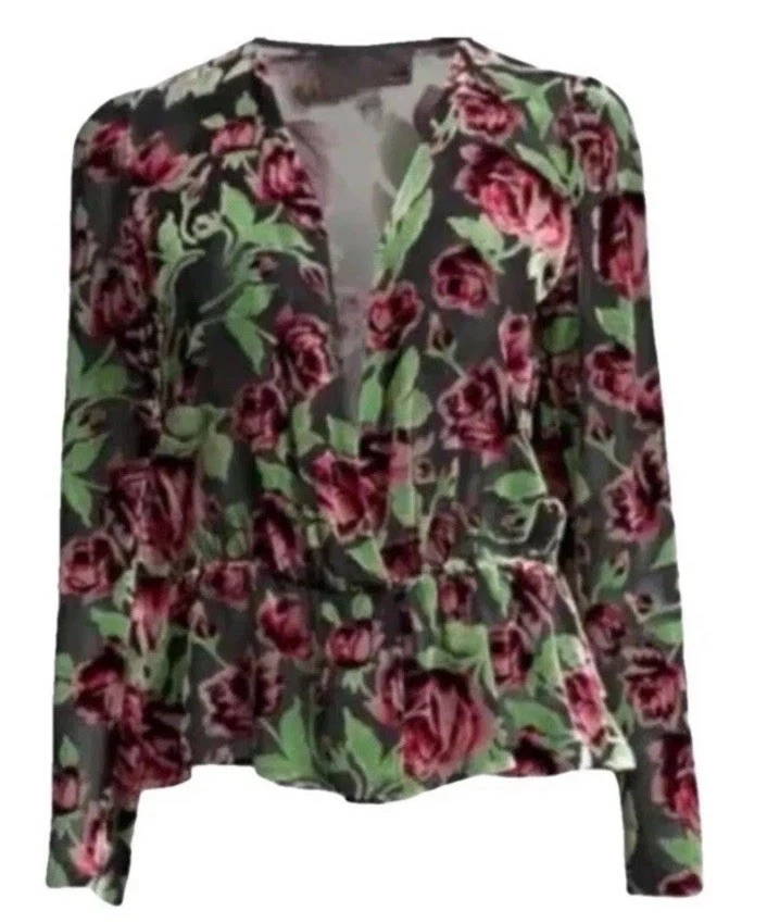 Blusa The Kooples Rosa Terciopelo Seda Burnout Negra Top Peplum Mujer Rojo Verde S Foto 4 de 4