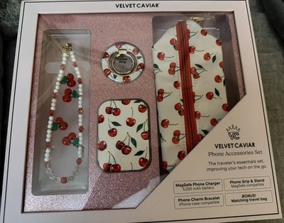 Velvet Caviar Cherry Phone Accessories Gift Set MagSafe Charger Case Pouch NEW