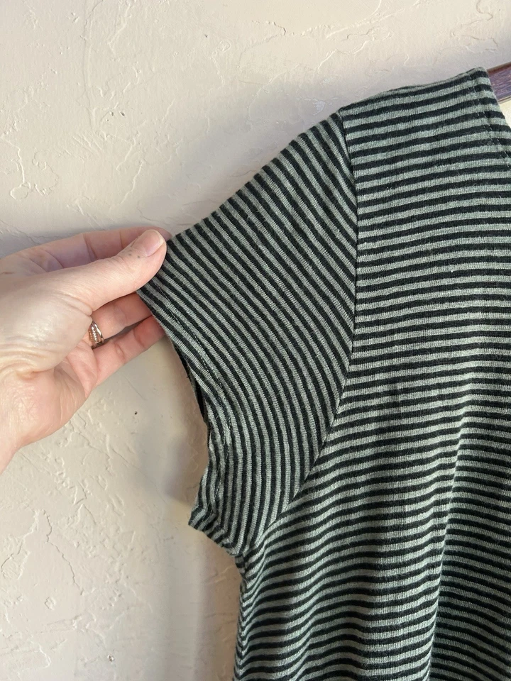 Eileen Fisher 100% Organic Linen Green Black Striped Knit T-shirt Dress M Casual - Image 4 of 4