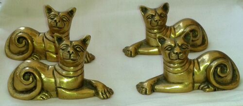 Vintage Sitting  Brass Metal Cats Figure Sculpture Figurine Miniatures Set of 4 - Picture 1 of 7