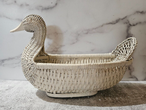 Vintage White Duck Shaped Wicker Rattan Woven Planter Basket 13" Long Wood Bill