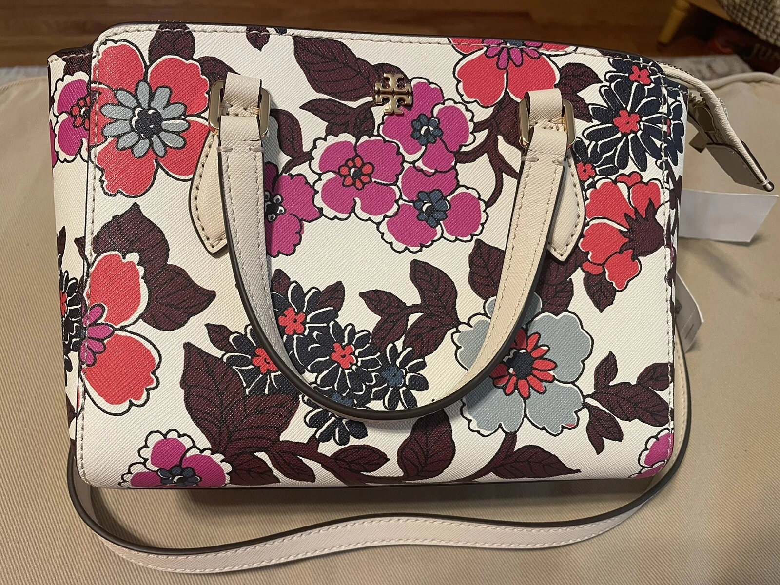 Tote a tracolla nuova con etichette Tory Burch Emerson stampata mini top con cerniera saffiano in pelle