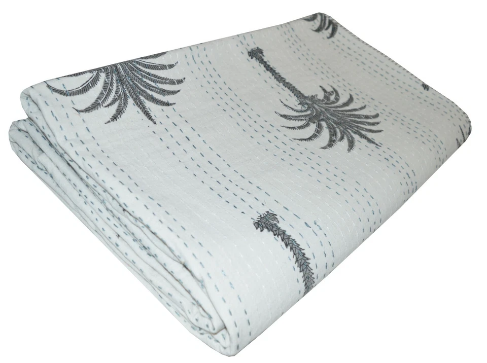 Colcha manta edredón Kantha de algodón reina palmera hecha a mano india  Foto 3 de 4