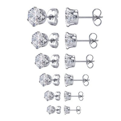 Surgical 316L Stainless Steel Stud Earrings Cubic Zircon Round Men Women 2PC