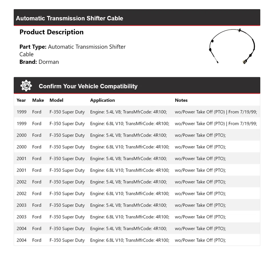 Cabo de câmbio de transmissão automática Ford F-350 Super Duty Dorman 1999-2004 - Imagem 2 de 4