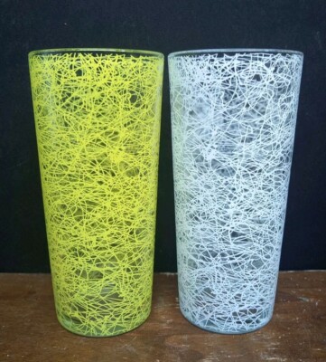2 Set Vintage Highball Spaghetti Yellow White Tumbler Ice Tea Glass 16 Oz