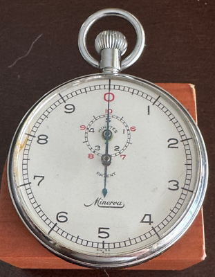 VINTAGE BIG 57.50 MM MINERVA STOP WATCH, WORKS GREAT AND RESETS