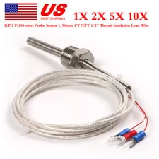 1-10x RTD Pt100 ohm Probe Sensor L 50mm PT NPT 1/2'' Thread Insulation Lead Wire