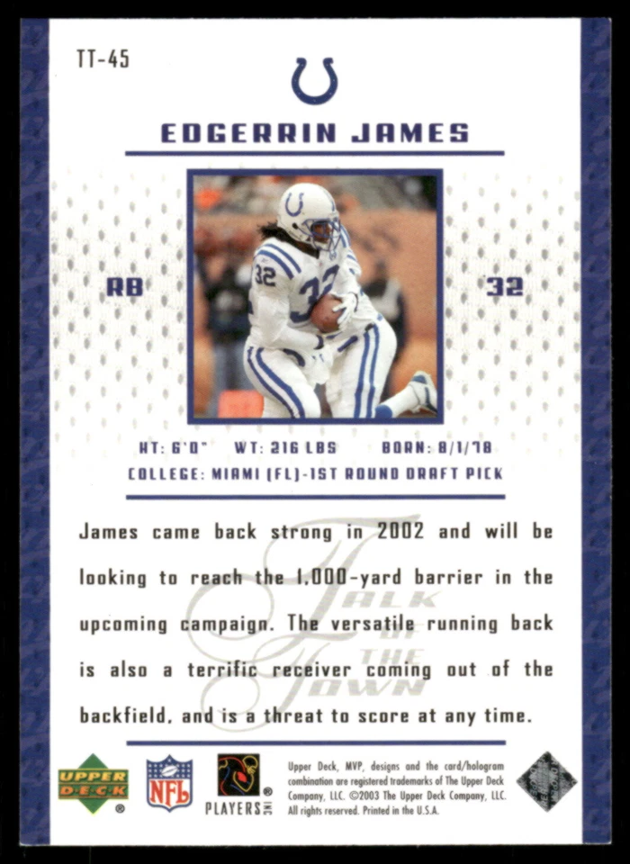 2003 Upper Deck MVP #TT-45 Edgerrin James Talk of the Town - Image 2 of 2