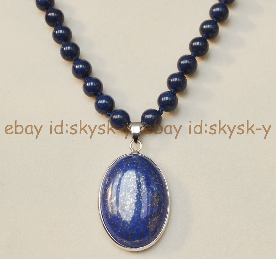 Natural Blue Lapis Lazuli Drop Pendant Necklace - 8mm Round Beads, 18" Handmade AAA Quality