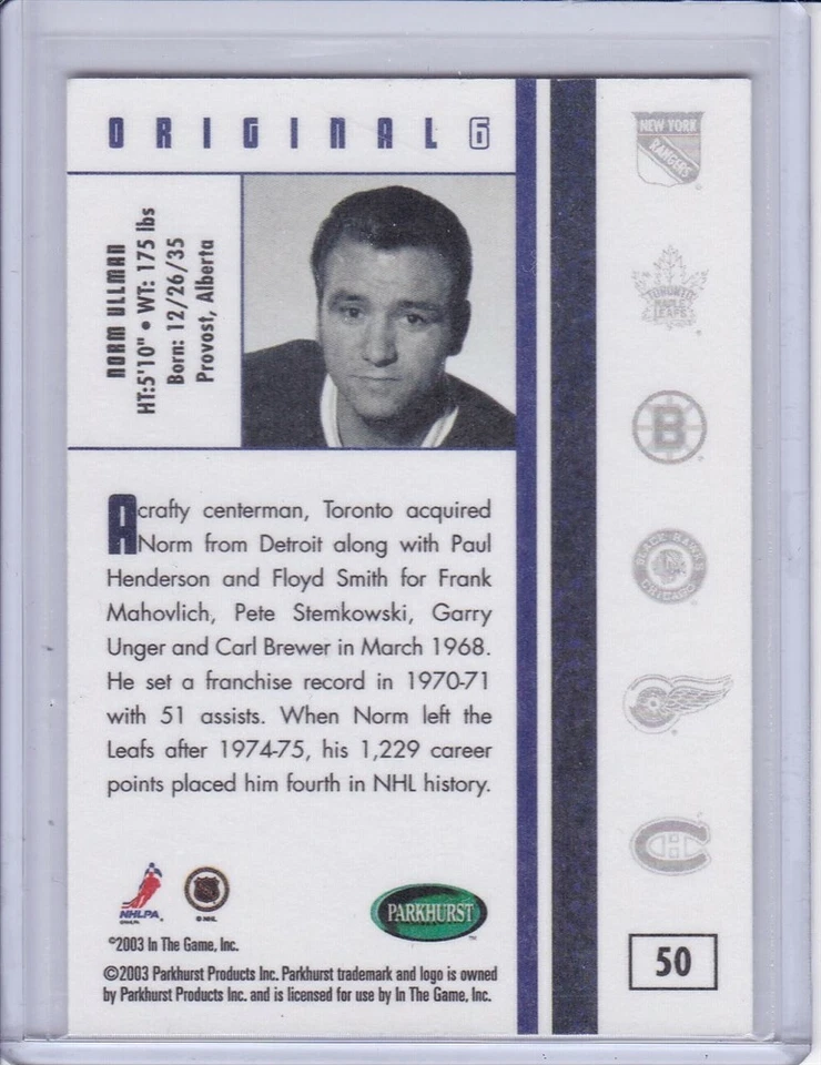 Norm Ullman 2003 Parkhurst Original Six Toronto Hockey Card 50 - Image 2 of 2