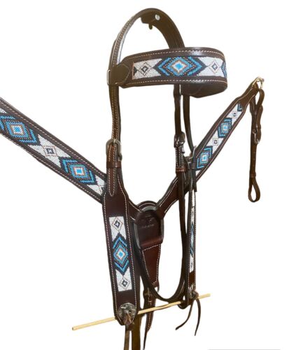 Horse Headstall Set Tack Leather Dork Oil Breast Collar Beaded With Reins