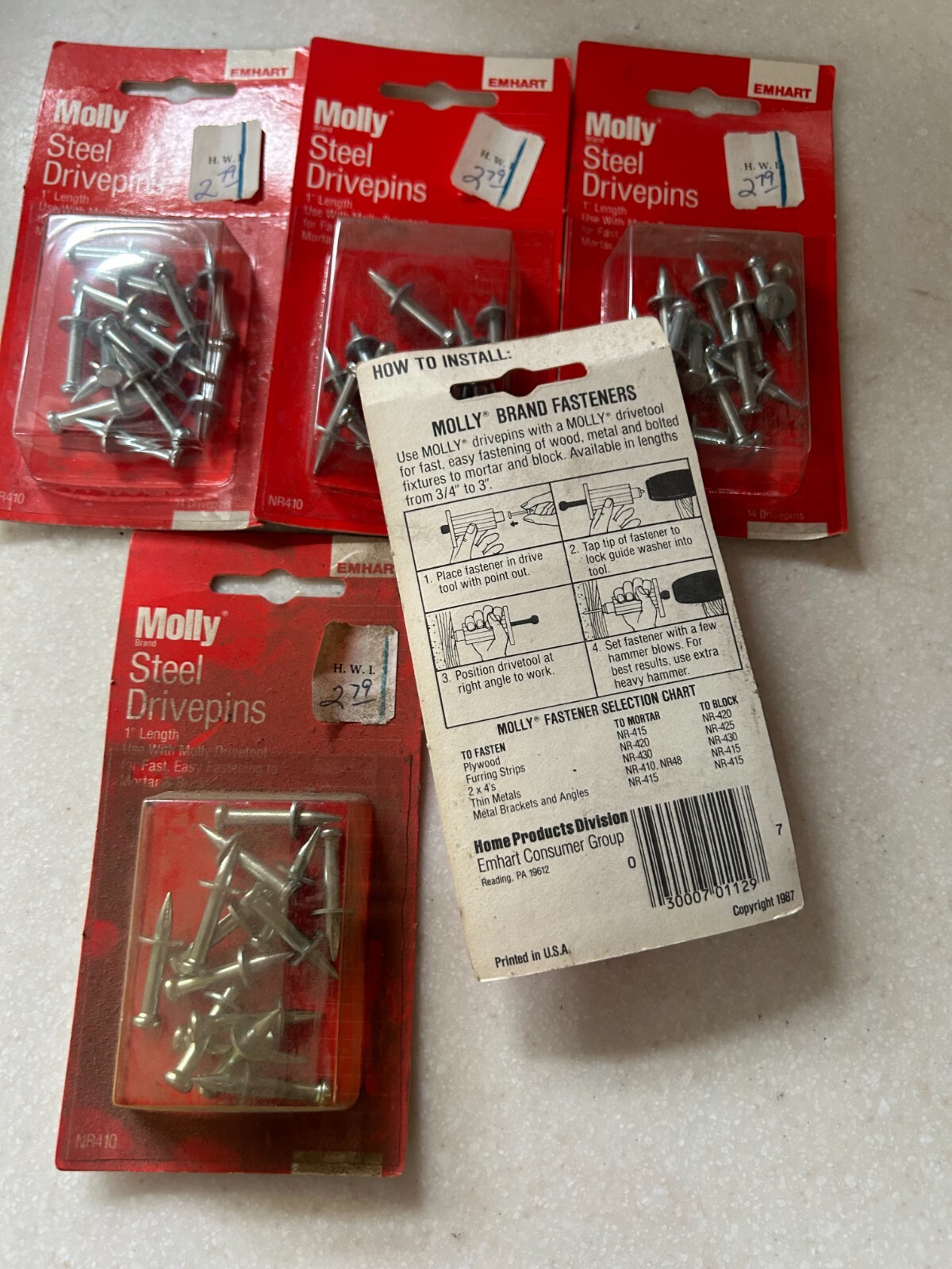 5-pack lot (70 total) Vintage Emhart Molly 1" Steel Drive pins NR410 Drivepins