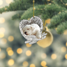 White Poodle Dog Sleeping Angel Ornament, Dog Angel Wings Christmas Ornament