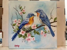 12 x 12 Original Acrylic Painting on Canvas....."Two Bluebirds"