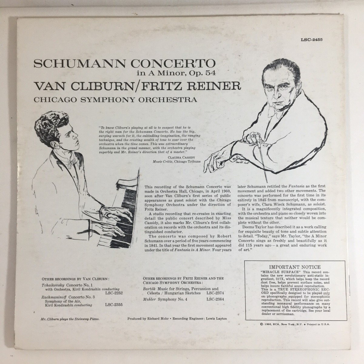 1960 SCHUMANN Concerto in A Minor VAN CLIBURN FRITZ REINER