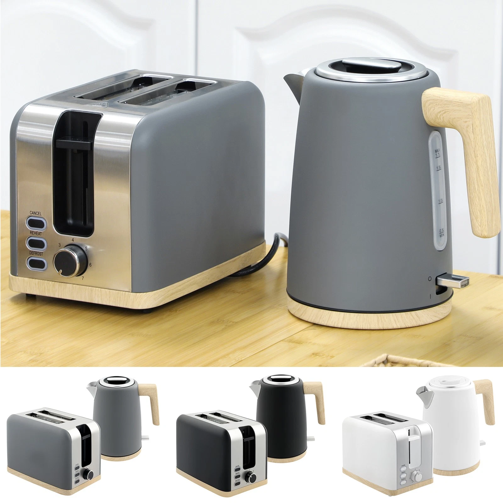 1.7L Stainless Steel Kettle & 2 Slice Toaster Set w/6 Level Browning Refurbished