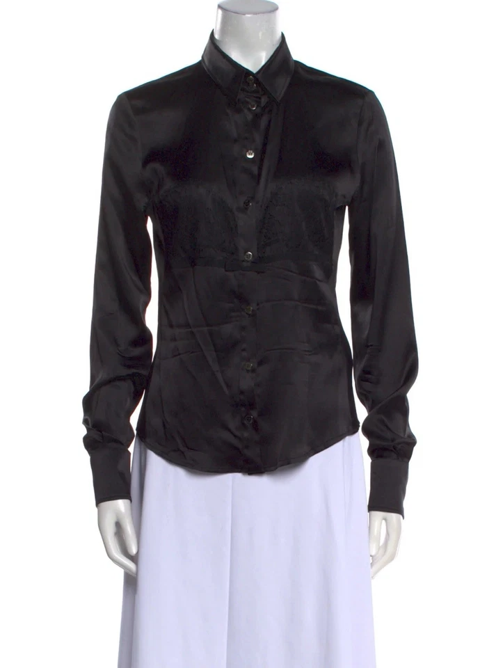 Lauren Ralph Black Label Women’s 8 Silk Blouse Black Button-Up Long Sleeve M - Image 2 of 4