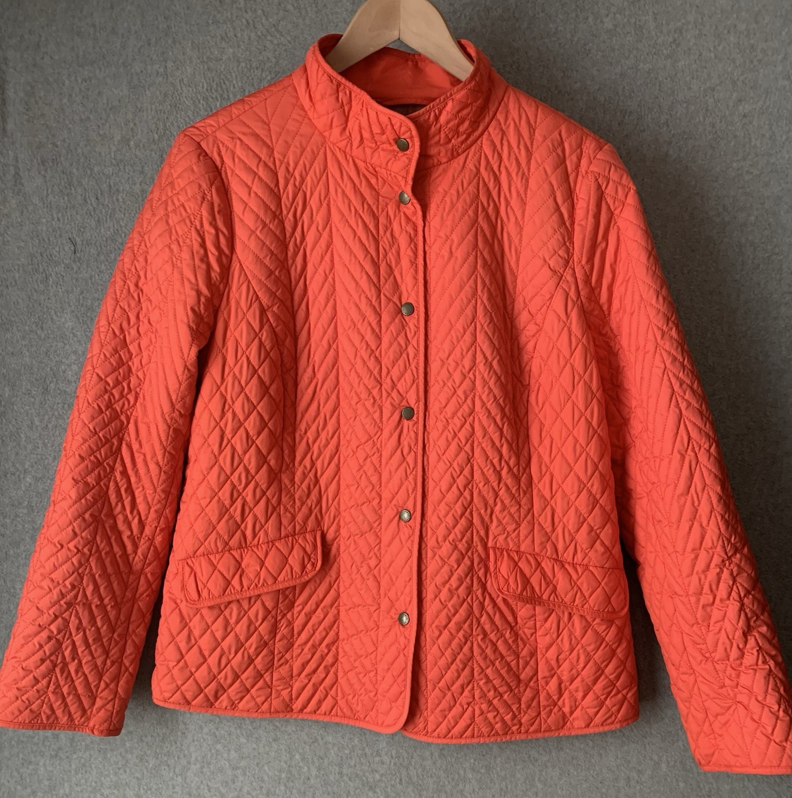 Lands End Womens Bright Orange Jacket Sz L Quilted Snap Lightweight Pockets