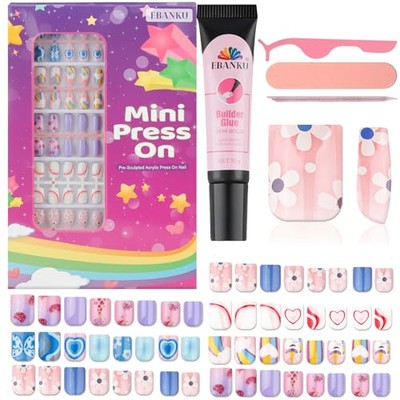 130 Pieces Press on Nails for Kids,  5 Pack Kid Fake Nail Kit Old Rainbow/5P