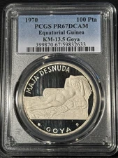 1970 EQ GUINEA SILVER 100 PESETAS GOYAS MAJA DESNUDA PCGS PR67DCAM