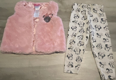 Disney Minnie Mouse Girls 2T Pink Faux Fur Vest Set, Cartoon Print Leggings