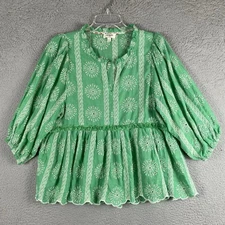 Umgee Boho Peasant Blouse Womens L Green Embroidered Puff Sleeve Babydoll Top