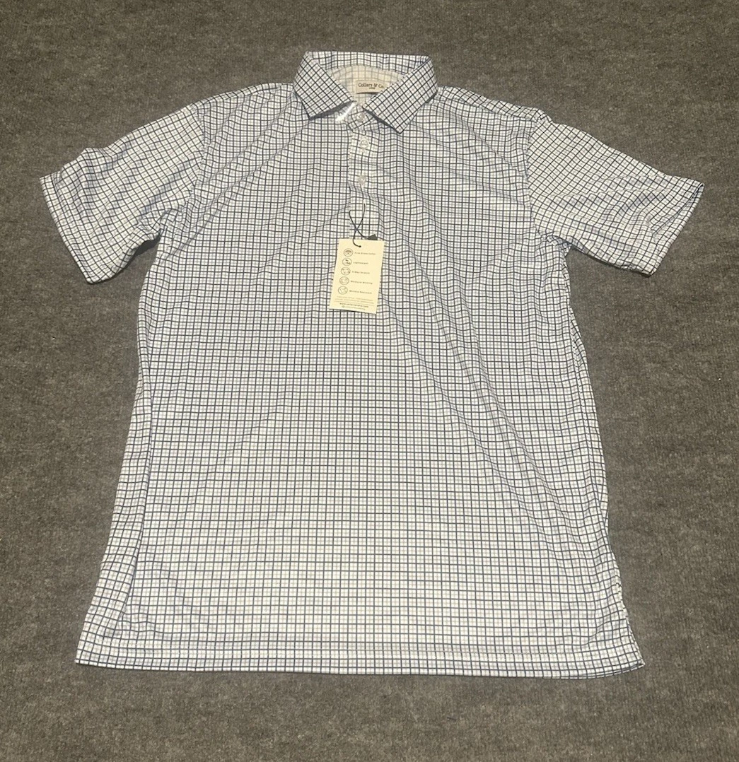 Collars & Co Men’s L White Blue Mini Graph Checker Dress Collar Polo Shirt NWT