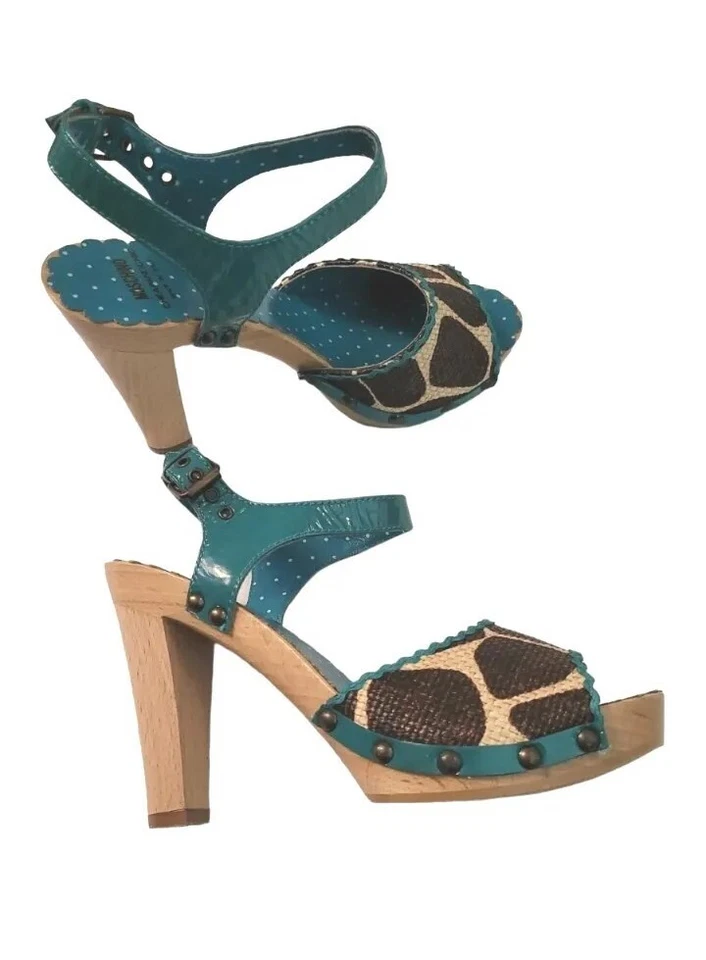 Zapatos de mujer MOSCHINO sandalias de tacón de madera con estampado animal negro turquesa talla 6 EE. UU. Foto 3 de 4