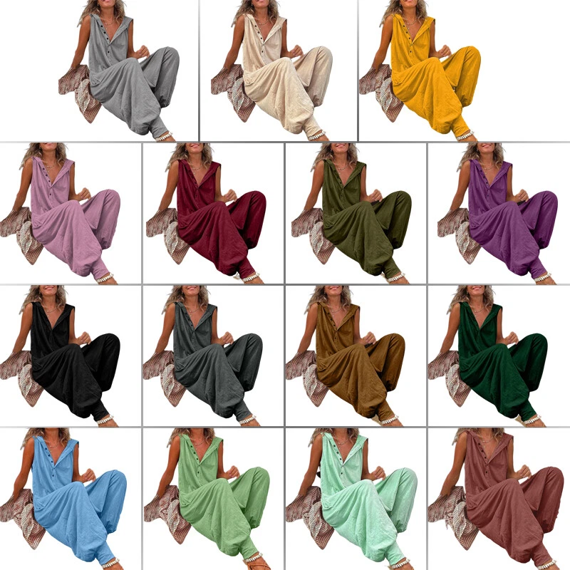 Verano Mujeres Sin Mangas Con Capucha Mameluco Botón Sólido Mono Suelto Pantalones Foto 4 de 4
