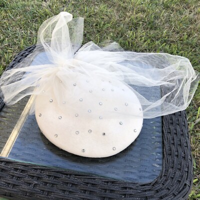 Vintage Cap-ette Hat Women's Tulle Rhinestones Beige USA Lancaster 100% Wool