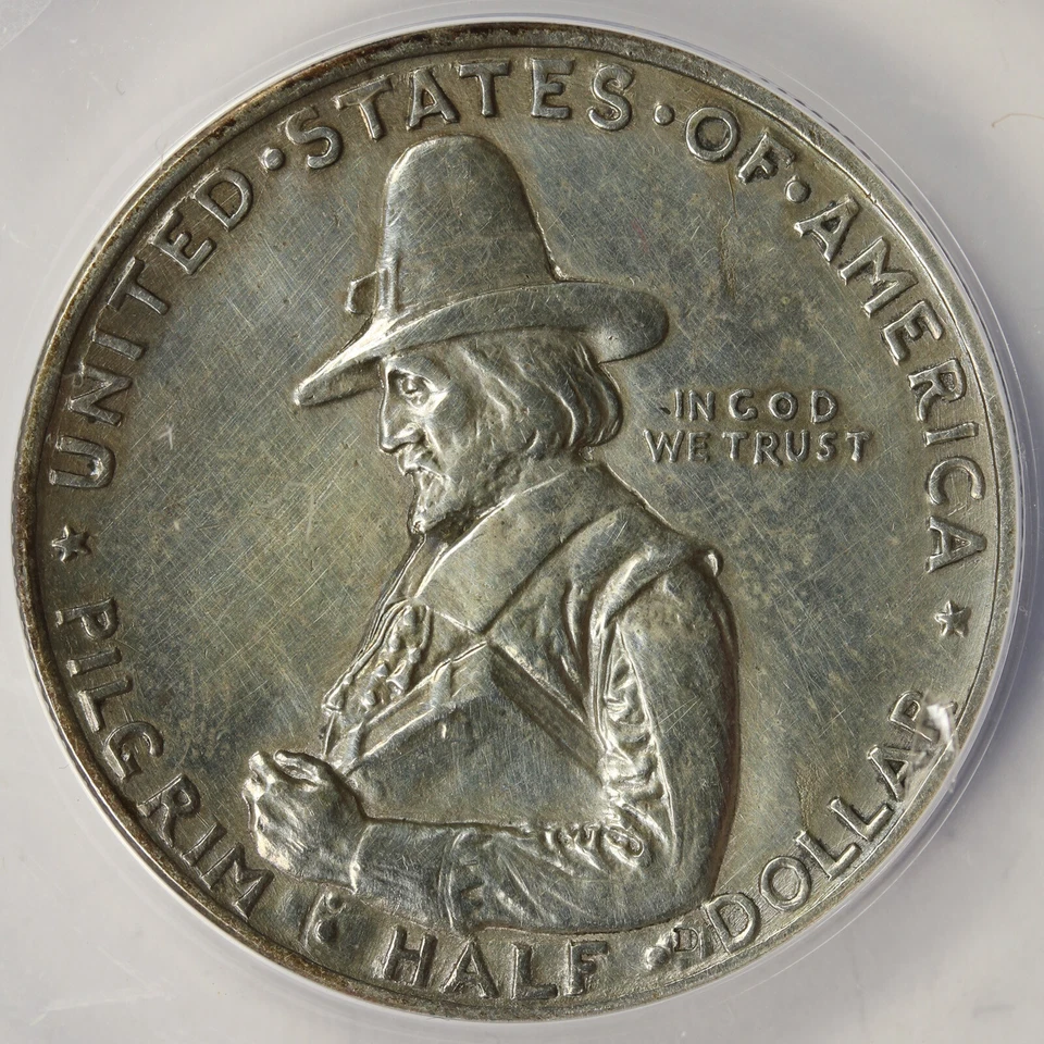 1920 50c Pilgrim Silver Half Dollar Commemorative ANACS AU50 Details - Cleaned - Image 3 of 4