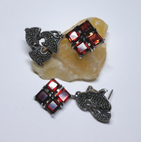 Vintage Judith Jack Garnet Marcasite Sterling Silver Earrings - Picture 3 of 11