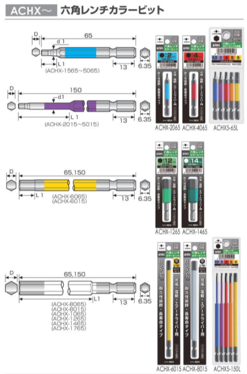 ANEX Color Screwdriver Hex Wrench Bit H17x65mm ACHX-1765 1pc JIS