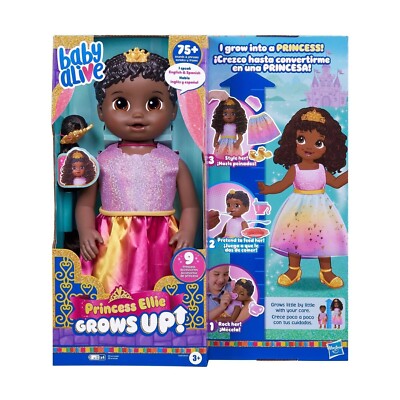Baby Alive Prinzessin Ellie wächst auf Puppe, schwarze Haare sprechende Puppe. Neu