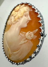 ANTIQUE OSTBY BARTON OB SIGNED 10K WHITE GOLD CARVED SHELL CAMEO PORTRAIT BROOCH