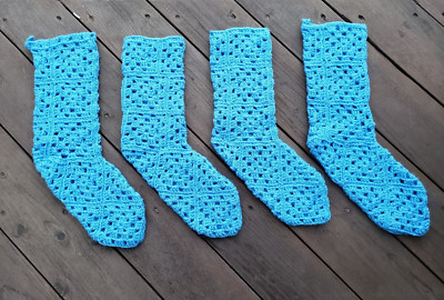 4 Blue Vintage Granny Square Crochet Christmas Stockings-VERY NICE!