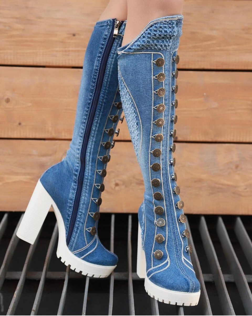 Denim Boots Shoes, Platform Boots, Handmade Women's Shoes