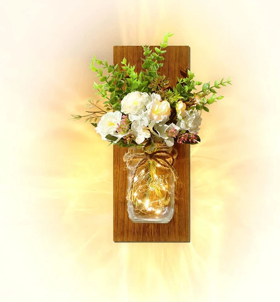 Rustic Decor Living Room Mason Jars Fairy Lights w/Artificial Flowers Set of 2 - Image 2 of 4